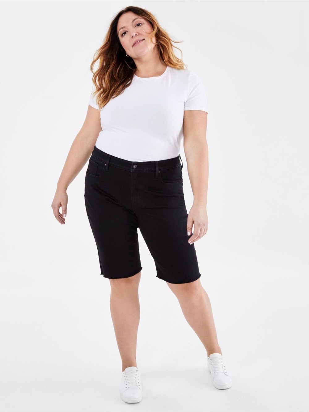 NEW Style and Co. Plus Size Black Denim Raw-Edge Bermuda Shorts
